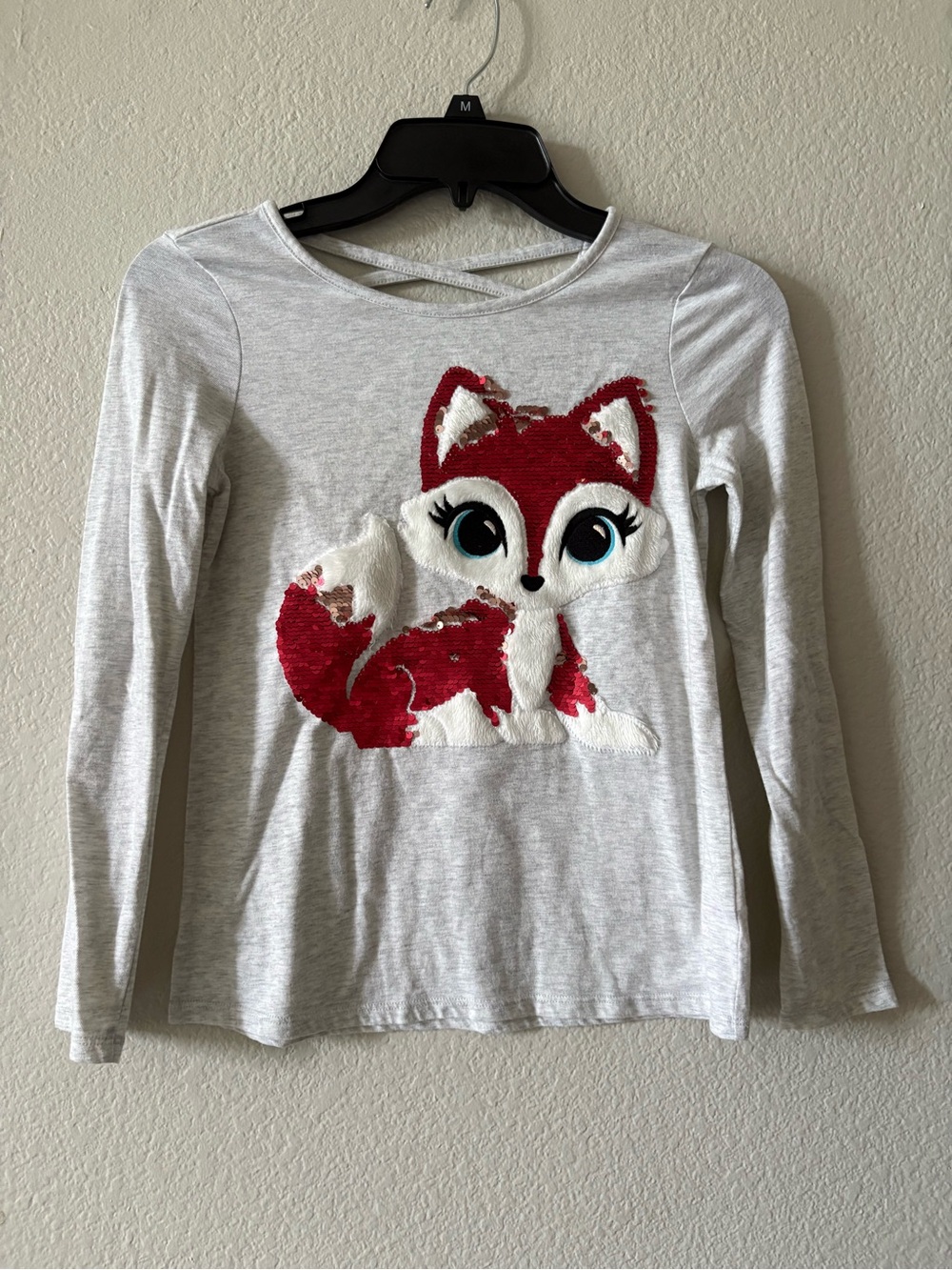 Justice Light Gray Long Sleeve Top with Red Sequin Fox